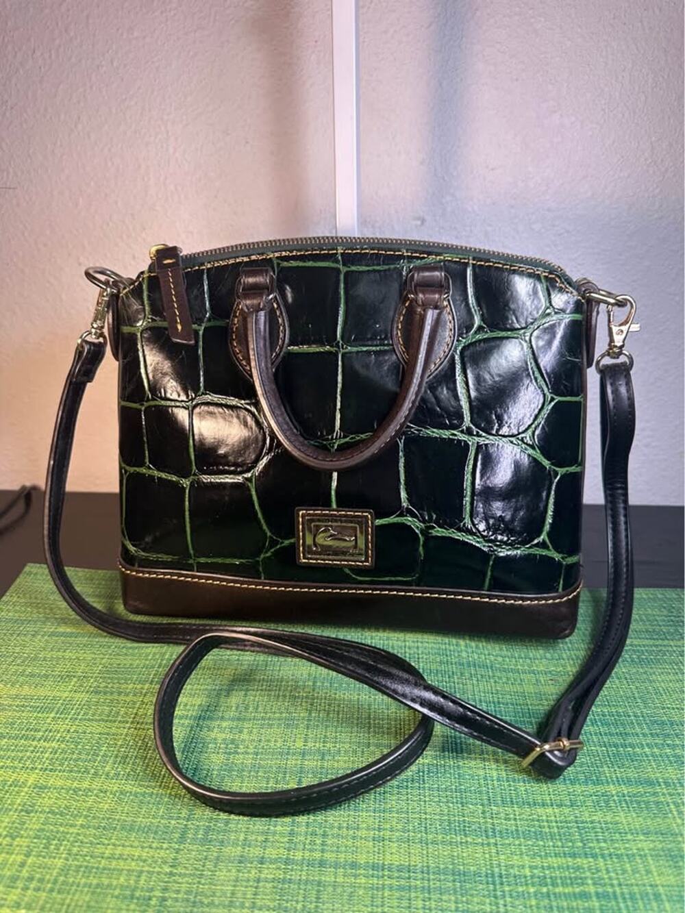 Dooney & Bourke Dillen Croco Domed Satchel – Black & Green - Rare Vintage